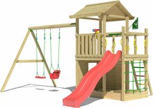 Houten Speeltoren Jungle Cavern met Rode Glijbaan en Dubbele Schommel