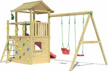 zijkant Houten Speeltoren Jungle Cavern met Rode Glijbaan en Dubbele Schommel
