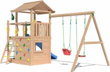 zijkant van Douglas Houten Speeltoren Jungle Cavern l Blauw en Dubbele schommel