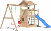 voorzijde Douglas Houten Speeltoren Jungle Cavern l Blauw en Dubbele schommel
