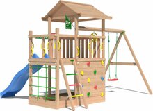 achterzijde Douglas Houten Speeltoren Jungle Cavern l Blauw en Dubbele schommel