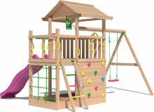 achterzijde Douglas Houten Speeltoren Jungle Cavern l Fuchsia en Dubbele schommel