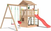 voorzijde Douglas Houten Speeltoren Jungle Cavern l Rood en Dubbele schommel