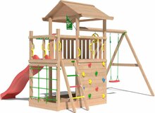 achterzijde Douglas Houten Speeltoren Jungle Cavern l Rood en Dubbele schommel