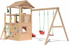 zijkant Douglas Houten Speeltoren Jungle Cavern l Rood en Dubbele schommel