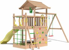 achterzijde Douglas Houten Speeltoren Jungle Cavern l Geel en Dubbele schommel