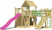 Houten Speeltoren Jungle Olympus met Fuchsia Glijbaan 