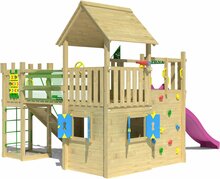 achterzijde Houten Speeltoren Jungle Olympus met Fuchsia Glijbaan 