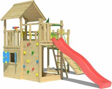 voorzijde Houten Speeltoren Jungle Olympus met Rode Glijbaan 