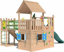 zijkant Douglas Houten Speeltoren Jungle Olympus met Groene Glijbaan 