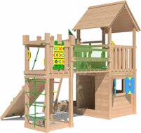 achterzijde Douglas Houten Speeltoren Jungle Olympus met Lichtgroene Glijbaan