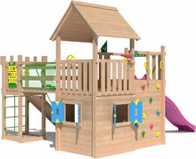 zijkant van Douglas Houten Speeltoren Jungle Olympus met Fuchsia Glijbaan 