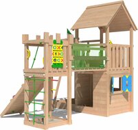 achterzijde van Douglas Houten Speeltoren Jungle Olympus met Fuchsia Glijbaan 