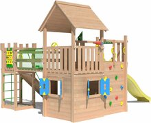 zijkant van Douglas Houten Speeltoren Jungle Olympus met Gele Glijbaan 