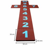 afmetingen van Rubber Hink-Stap-Sprong Tegels 50x50x4,5cm Rood met Blauwe Cijfers