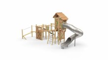 Eco-Play Robinia Combi-Ridderburcht met RVS Spiraalglijbaan, Tovertoren en evenwichtsparcours Openbaar