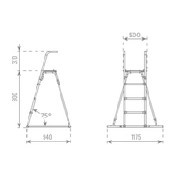 afbeelding met afmetingen voor vrijstaande ladder 90 cm platofrmhoogte
