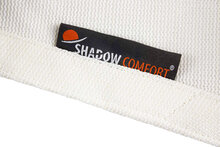 Detail kleur Arctic White en merklabel Shadow Comfort van Schaduwdoek