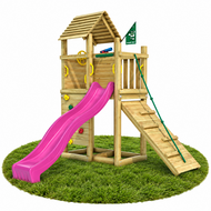 Houten Speeltoren Jungle Roamer met Fuchsia Glijbaan