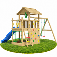 Houten Speeltoren Jungle Cavern met Blauwe Glijbaan en Dubbele Schommel
