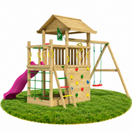 Houten Speeltoren Jungle Cavern met Fuchsia Glijbaan en Dubbele Schommel