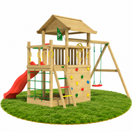 Houten Speeltoren Jungle Cavern met Rode Glijbaan en Dubbele Schommel